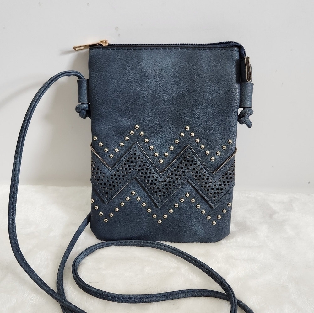 Boutique Blue Faux Leather Zig Zag Gold Embellished Crossbody Bag Purse